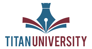 Titan University logo with a fountain pen nib over an open book in blue and maroon colors.