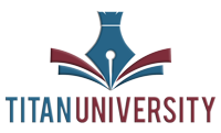 Titan University logo with a fountain pen nib over an open book in blue and maroon colors.