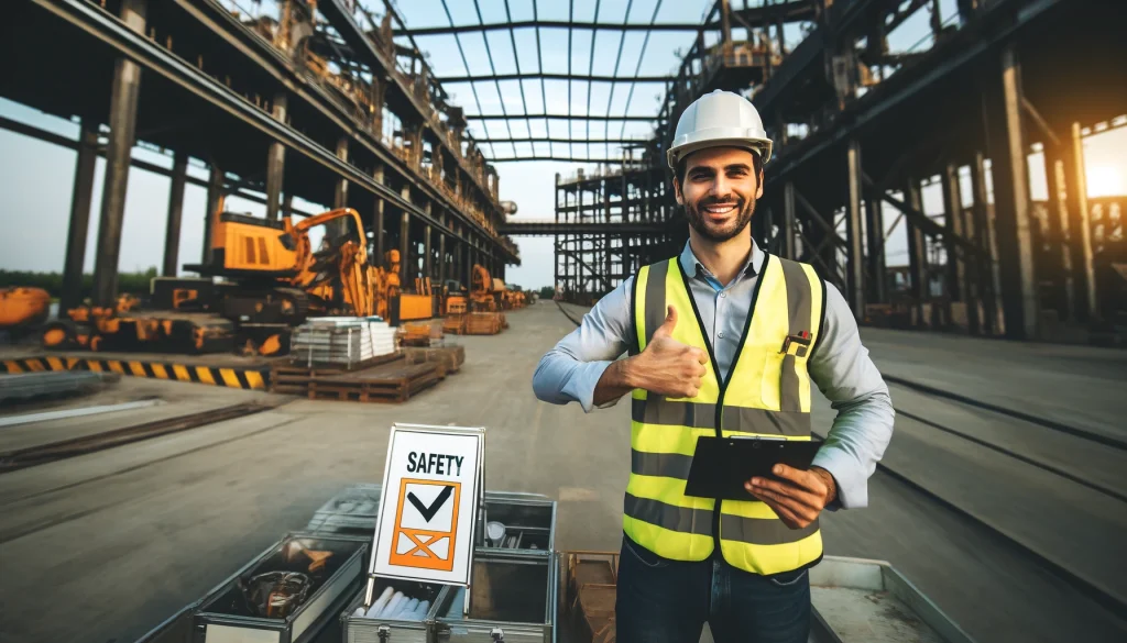 Construction Safety Officer inspecting safety signs at a construction site.