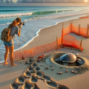 Sea Turtle Monitor. Environmental Specialist on Construction Projects.An environmental specialist monitoring sea turtle activity on a construction site, ensuring compliance with environmental regulations. The specialist is equipped with monitoring tools and protective gear, highlighting the balance between development and wildlife conservation