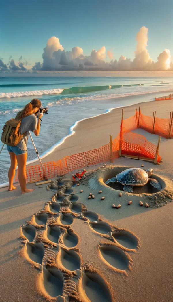 Sea Turtle Monitor. Environmental Specialist on Construction Projects.An environmental specialist monitoring sea turtle activity on a construction site, ensuring compliance with environmental regulations. The specialist is equipped with monitoring tools and protective gear, highlighting the balance between development and wildlife conservation