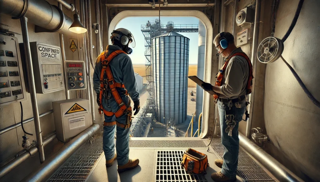 Worker preparing to enter a confined space in a large silo in Kansas, with a confined space attendant monitoring outside. Industrial machinery and Kansas prairie in the background.