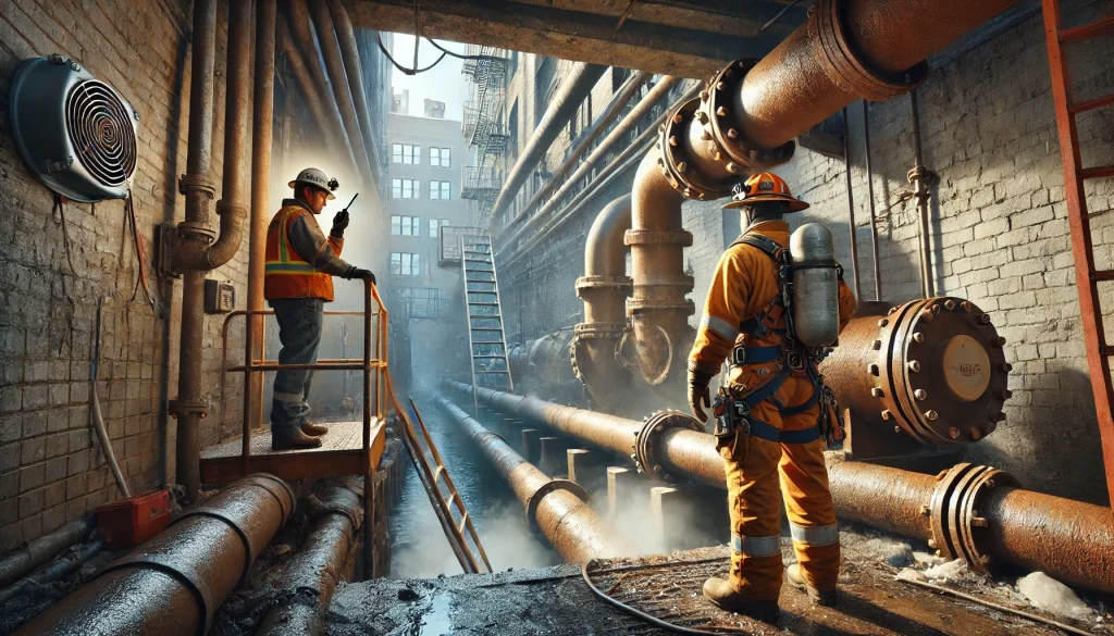 Worker preparing to enter an underground water system in Chicago, with old corroded piping and steam rising. A confined space attendant stands nearby with a two-way radio.