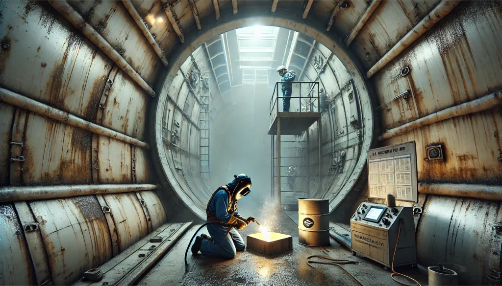 Marine worker performing maintenance inside a ship's ballast tank with corroded steel walls, welding while another worker monitors outside at a safety station.