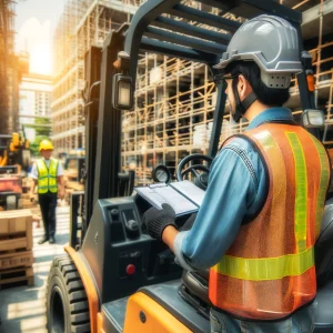 Worker operating a forklift, ensuring proper load handling and following safety protocols to prevent accidents and ensure efficient material transport