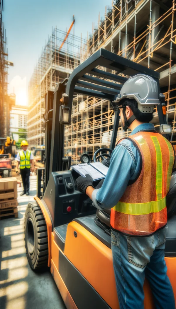 Worker operating a forklift, ensuring proper load handling and following safety protocols to prevent accidents and ensure efficient material transport