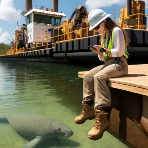 “A West Indian Manatee observer carefully monitoring the gentle marine mammal in its natural habitat, surrounded by warm, shallow coastal waters and lush seagrass beds, highlighting conservation efforts and the importance of protecting this endangered species.”