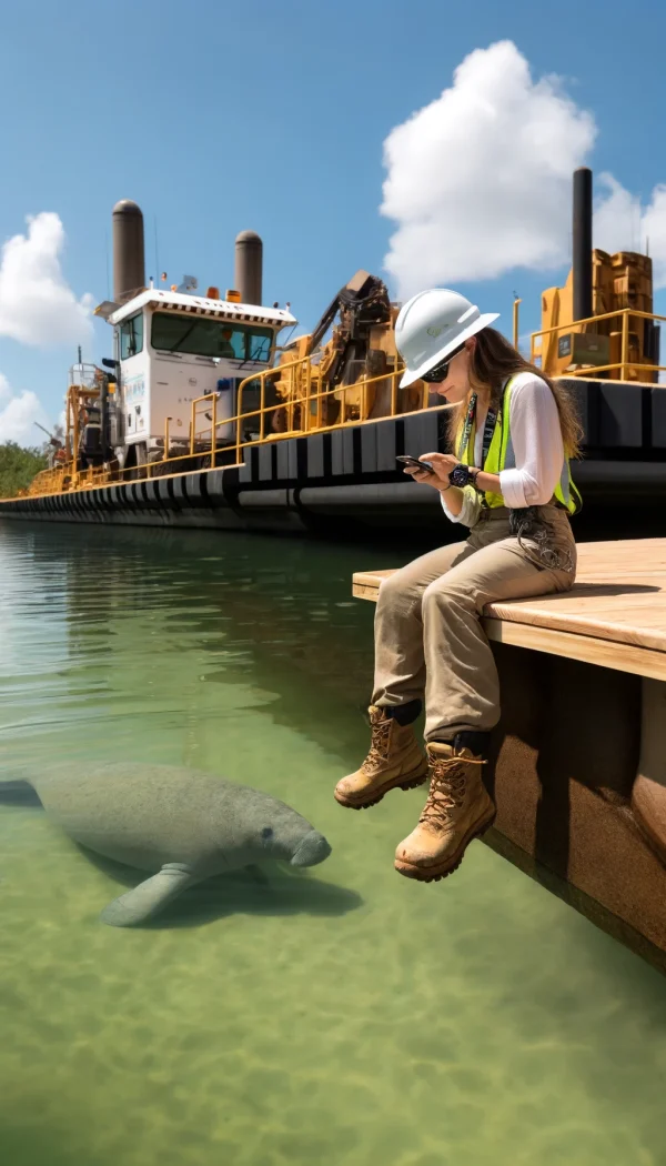 “A West Indian Manatee observer carefully monitoring the gentle marine mammal in its natural habitat, surrounded by warm, shallow coastal waters and lush seagrass beds, highlighting conservation efforts and the importance of protecting this endangered species.”