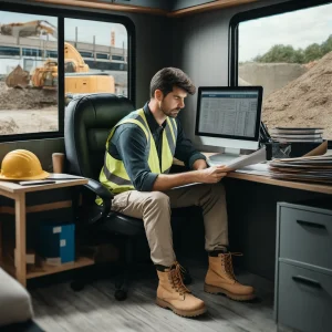 A person wearing a high-visibility vest and work boots is seated inside a construction site office, facing a computer monitor and holding plans or documents. Construction equipment is visible through the office window, indicating an active construction site