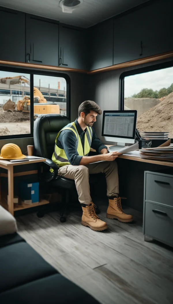 A person wearing a high-visibility vest and work boots is seated inside a construction site office, facing a computer monitor and holding plans or documents. Construction equipment is visible through the office window, indicating an active construction site