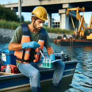 Construction worker collecting water samples from a river for a project, using specialized equipment to ensure accurate analysis.