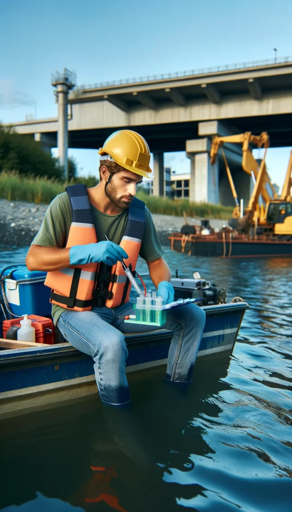 Construction worker collecting water samples from a river for a project, using specialized equipment to ensure accurate analysis.