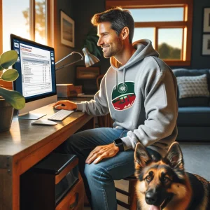 An individual wearing a gray hoodie and blue jeans is seated at a wooden desk in a well-lit room during sunset, working on a computer. A German Shepherd dog sits on the floor next to the desk, looking towards the camera. The room features modern furnishings, including a couch and a plant, suggesting a comfortable home office setting