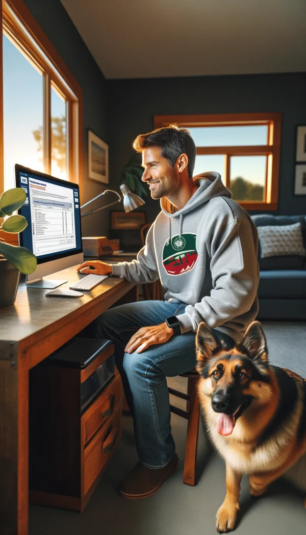 An individual wearing a gray hoodie and blue jeans is seated at a wooden desk in a well-lit room during sunset, working on a computer. A German Shepherd dog sits on the floor next to the desk, looking towards the camera. The room features modern furnishings, including a couch and a plant, suggesting a comfortable home office setting