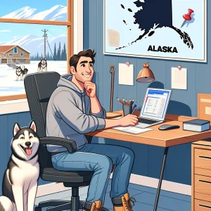 “A person studying construction materials for the General Contractor Exam in Alaska, with a textbook titled ‘Construction Law’ and a laptop on a desk.