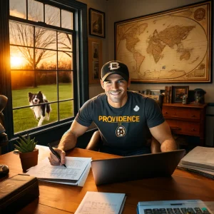 A person studying construction materials for the General Contractor Exam in Rhode Island, with a textbook titled ‘Construction Law’ and a laptop on a desk.