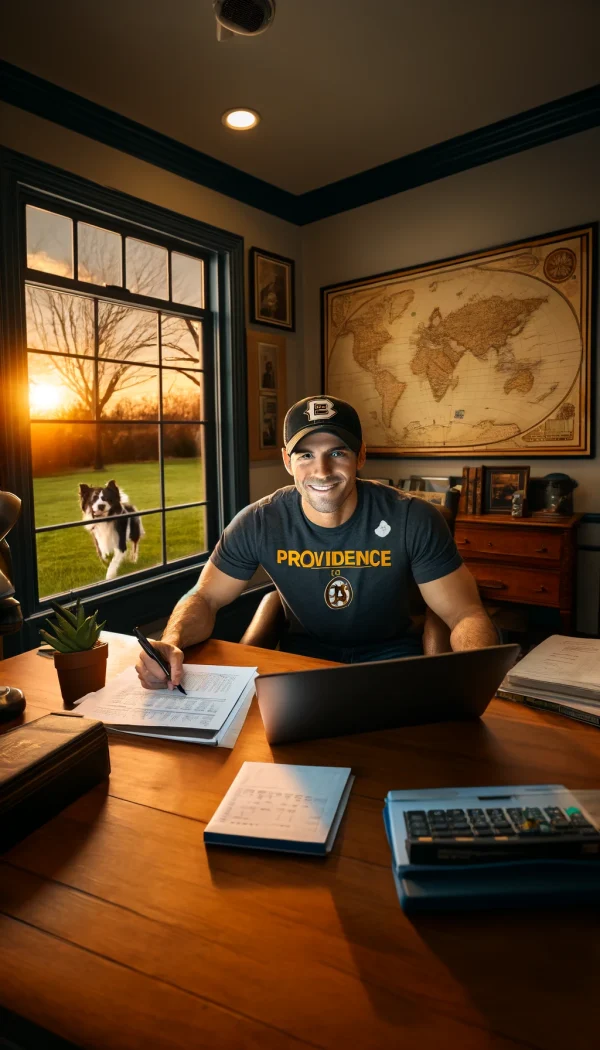 A person studying construction materials for the General Contractor Exam in Rhode Island, with a textbook titled ‘Construction Law’ and a laptop on a desk.