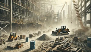 Construction site with various personal protective equipment (PPE) such as helmets, gloves, and safety vests displayed in the foreground, with ongoing construction activities in the background.