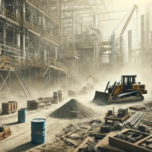 Construction site with various personal protective equipment (PPE) such as helmets, gloves, and safety vests displayed in the foreground, with ongoing construction activities in the background.