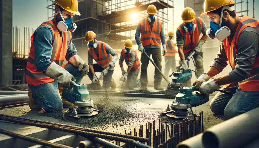 Team of workers face masks construction site personal protective equipment