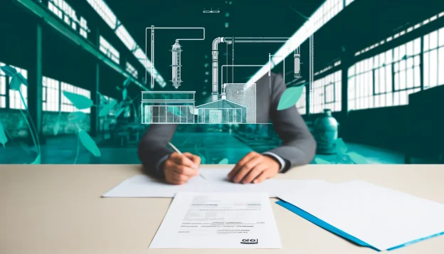 Construction worker signing papers with a background of construction equipment and foliage.