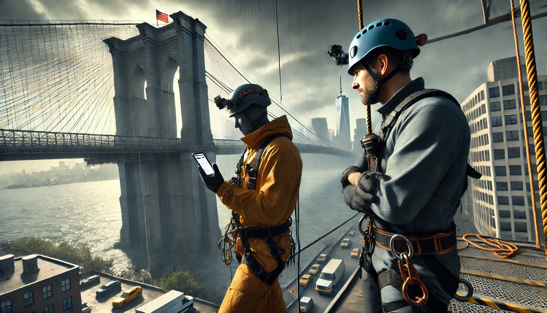 Rope Access Technician, covered in Soot, checking the weather report prior to chimney work.