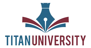 Titan University logo with a fountain pen nib over an open book in blue and maroon colors.