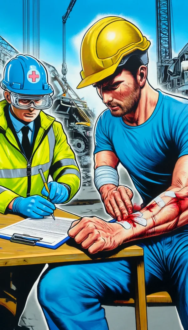 Safety officer filling out an accident report form, documenting details of a workplace incident to ensure compliance with safety regulations.