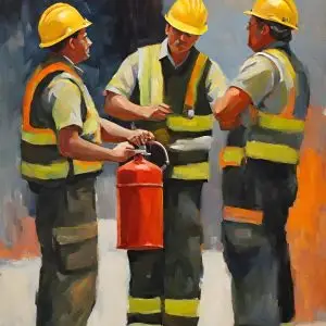 Fire safety officer demonstrating fire prevention and protection techniques, including the use of fire extinguishers and emergency evacuation procedures, to ensure workplace safety