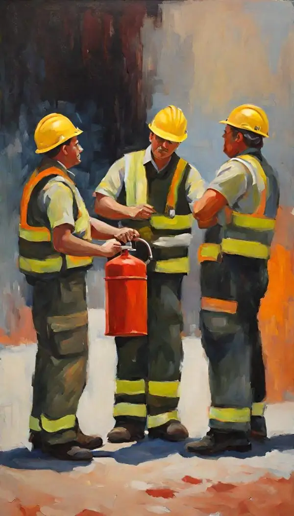 Fire safety officer demonstrating fire prevention and protection techniques, including the use of fire extinguishers and emergency evacuation procedures, to ensure workplace safety