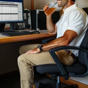 An engineer mastering RMS 3.0 software, focusing on a computer screen displaying the RMS 3.0 interface, with detailed project management and quality control tools visible, set in a professional office environment.