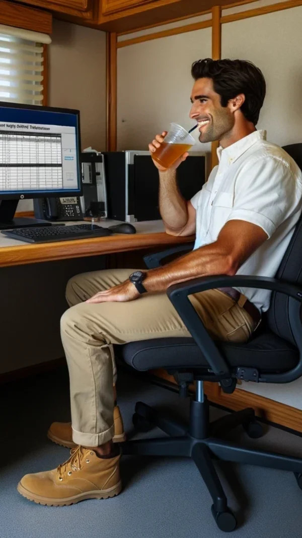 An engineer mastering RMS 3.0 software, focusing on a computer screen displaying the RMS 3.0 interface, with detailed project management and quality control tools visible, set in a professional office environment.