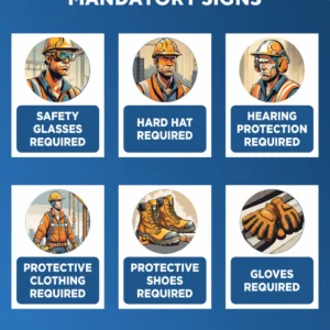Course materials on safety signs, signals, and piping, including instructional diagrams, signage examples, and piping symbols, displayed on a table or screen for training purposes.