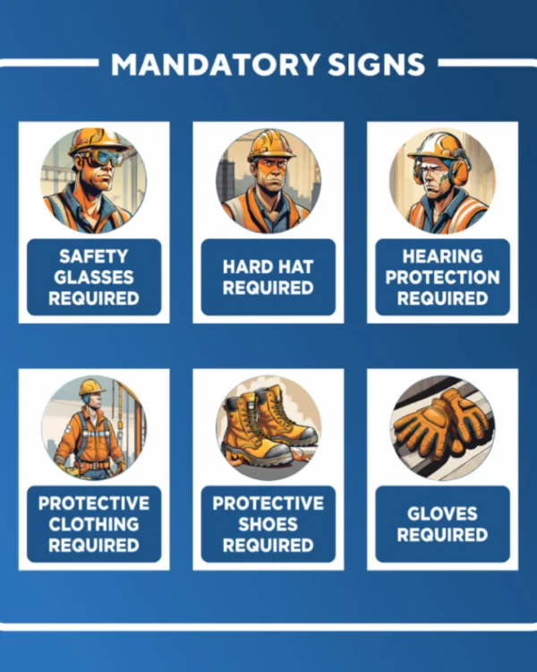 Course materials on safety signs, signals, and piping, including instructional diagrams, signage examples, and piping symbols, displayed on a table or screen for training purposes.