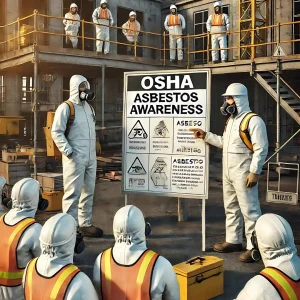 Participants in an OSHA Asbestos Awareness Training session, learning about asbestos hazards and safety procedures, with presentation slides and safety materials visible.