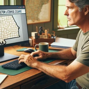 A person studying construction materials for the General Contractor Exam in Alabama, with a textbook titled ‘Construction Law’ and a laptop on a desk