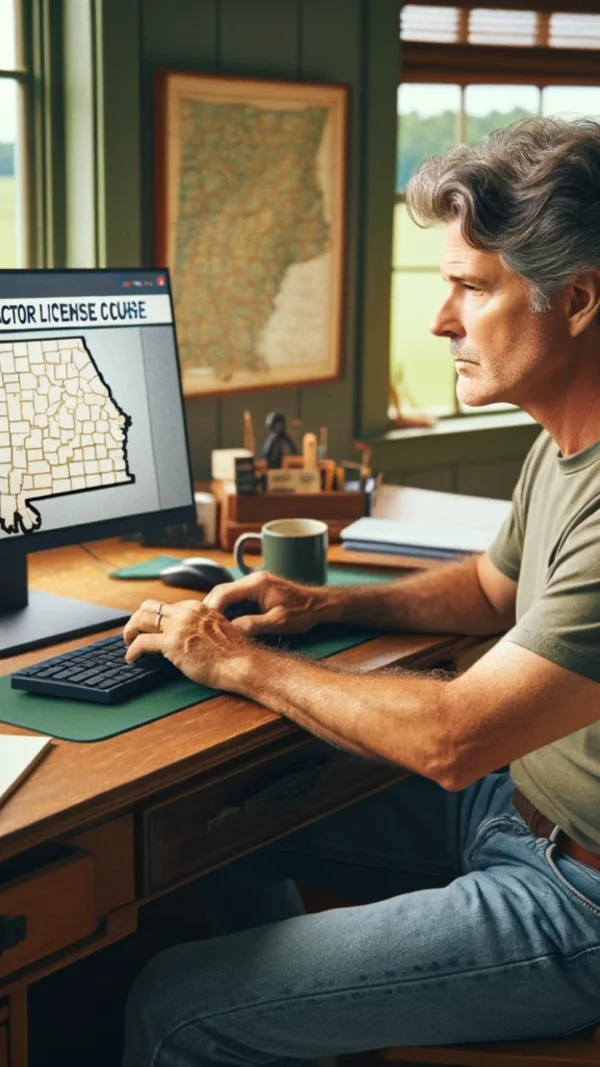 A person studying construction materials for the General Contractor Exam in Alabama, with a textbook titled ‘Construction Law’ and a laptop on a desk