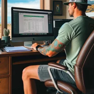 A person studying construction materials for the General Contractor Exam in New Mexico, with a textbook titled ‘Construction Law’ and a laptop on a desk