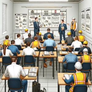 Advanced Safety Officer conducting a comprehensive safety audit on a construction site, ensuring all safety protocols and regulations are strictly followed.