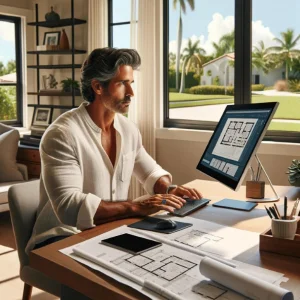 A Florida civil engineer attentively participating in an online course, with a laptop and study materials on a desk, set against a backdrop of a well-organized home office.