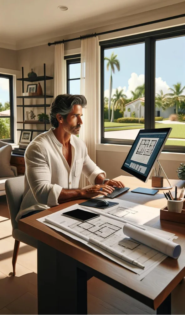 A Florida civil engineer attentively participating in an online course, with a laptop and study materials on a desk, set against a backdrop of a well-organized home office.
