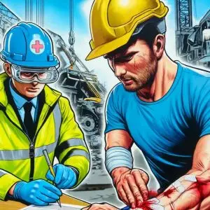 Person filling out an accident report form with a pen, surrounded by documentation and safety equipment in an office or workplace setting.
