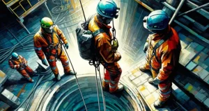Workers wearing safety gear and using equipment while performing tasks in a confined space, such as a small tank or tunnel, with proper ventilation and safety measures in place