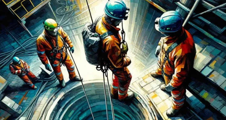Workers wearing safety gear and using equipment while performing tasks in a confined space, such as a small tank or tunnel, with proper ventilation and safety measures in place