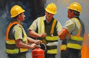 Fire prevention and protection equipment, including fire extinguishers, sprinklers, and fire alarms, displayed in a safety-focused environment.