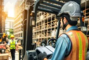 Operator maneuvering a forklift with loads at a construction site or warehouse, demonstrating proper forklift operation and safety procedures.