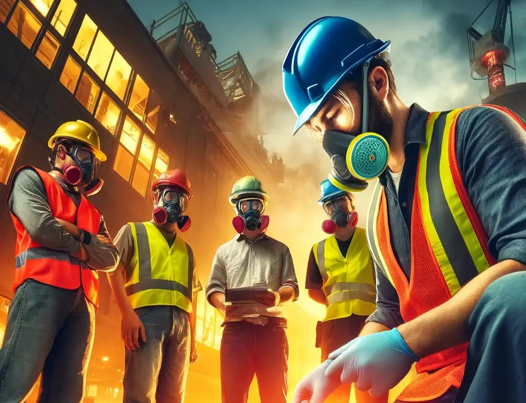 Person wearing a respirator with a construction or industrial background, demonstrating proper respiratory protection