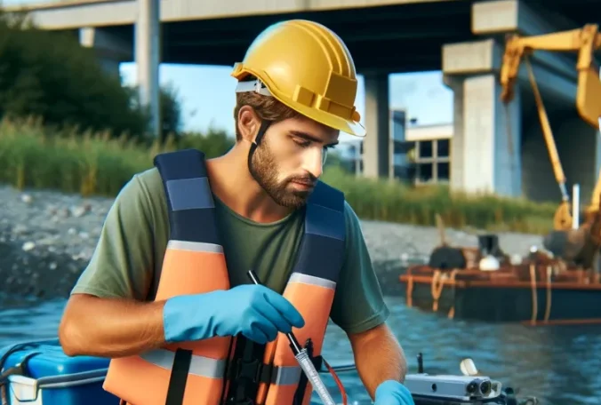 Technician using a turbidity meter to measure water clarity in a laboratory or field setting, with the device displaying the turbidity level