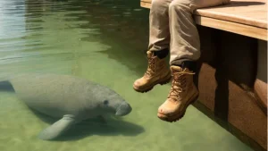 Two West Indian manatees swimming together in clear, shallow water, their large, gentle forms gliding slowly near the seabed