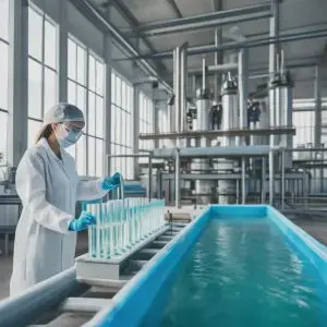 Environmental engineer taking water samples at a modern water treatment plant